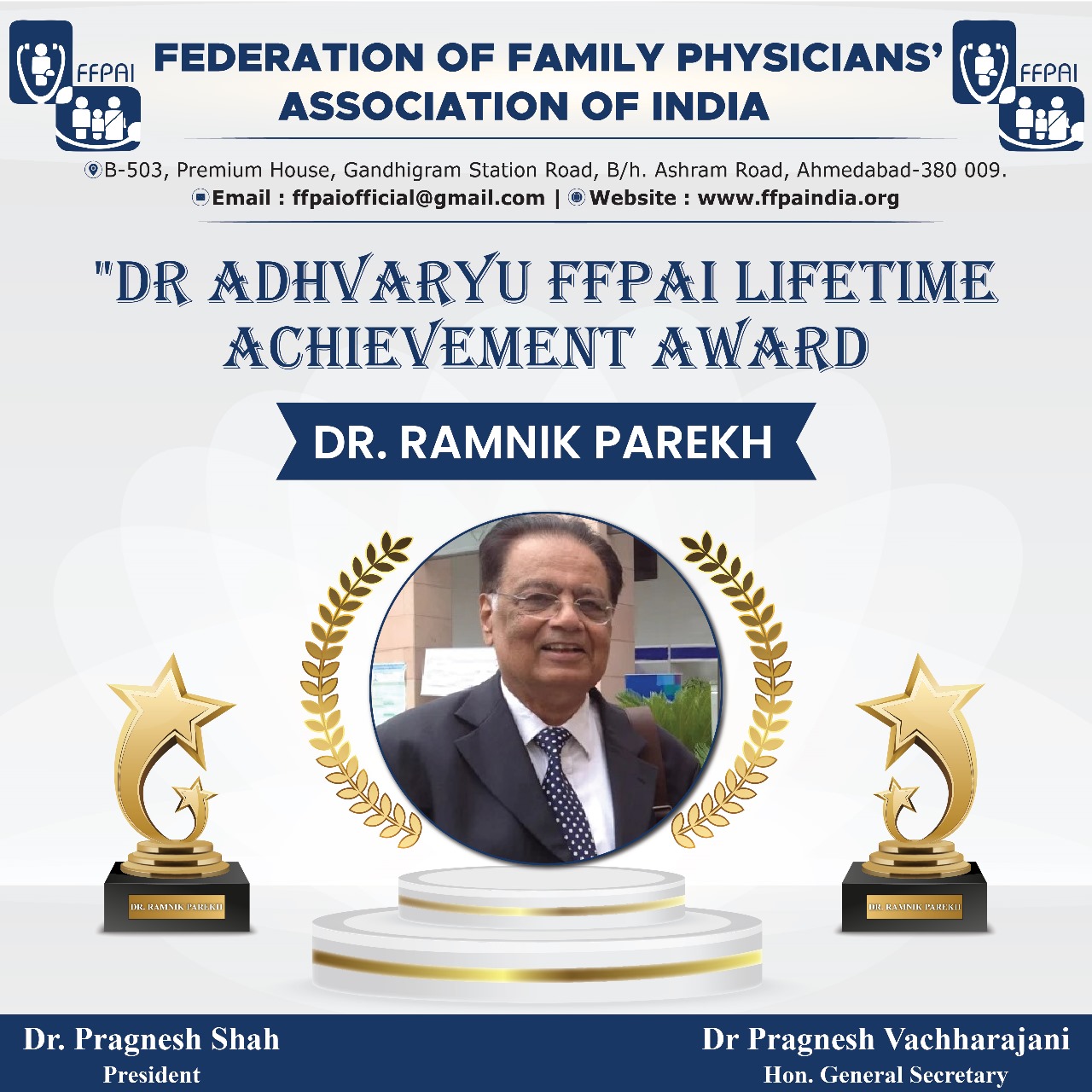 Dr. Adhvaryu FFPAI Lifetime Achievement Award