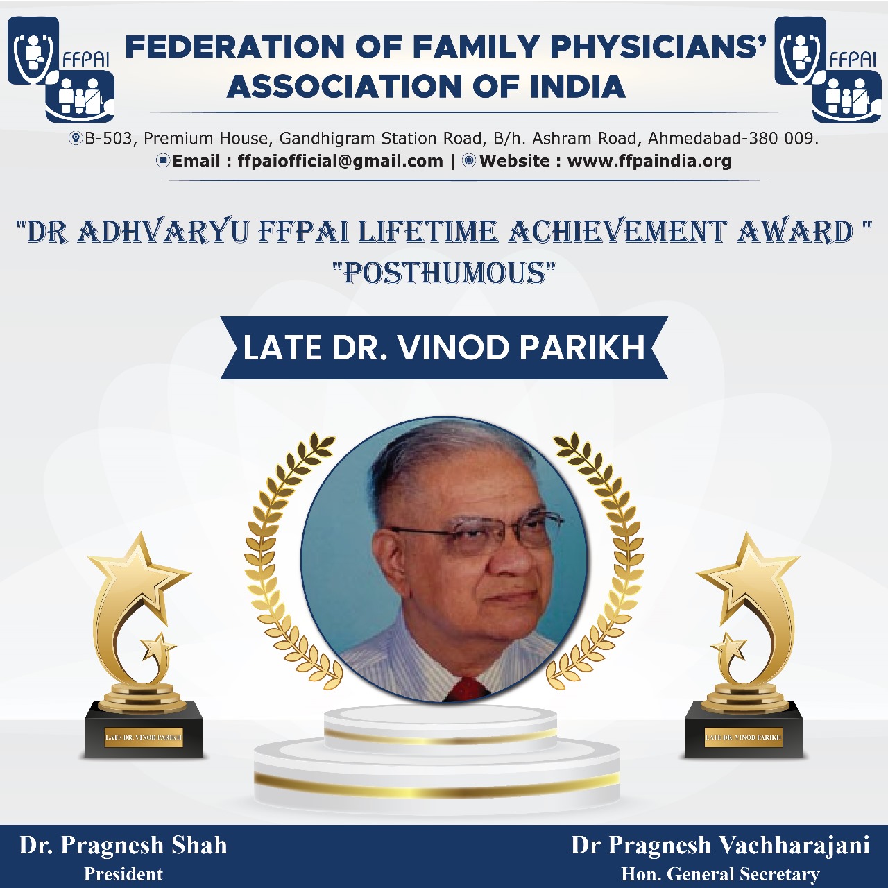 Dr. Adhvaryu FFPAI Lifetime Achievement Award